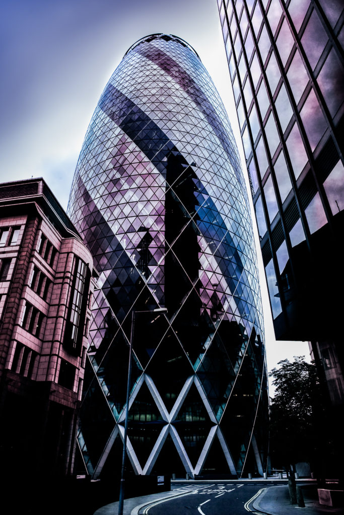 Photograph of the Gherkin, modern architecture, City of London, England